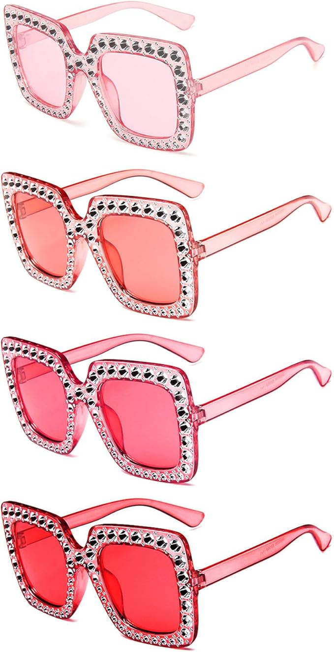 Pibupibu 4/8/16 Pack Colorful Bling Crystal Sunglasses Oversized Square Glitter Rhinestone Sunglasses for Women Party Favors