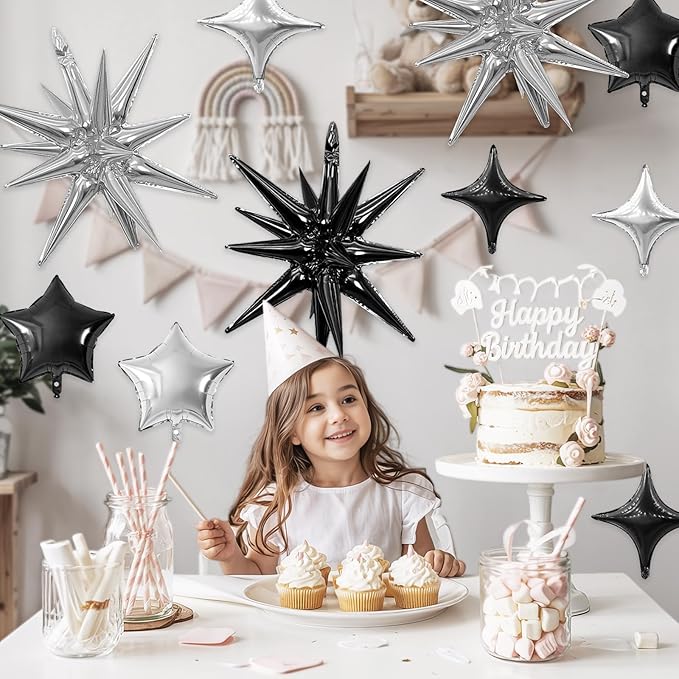 Black Silver Star Balloon,16Pcs Star Foil Balloons Set with 22Inch Explosion Spike Cone Balloons and 10Inch Quadrangle Helium Balloon for Birthday Wedding Baby Shower Party Decorations