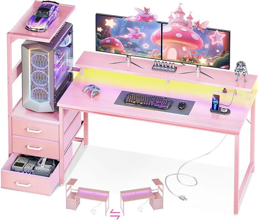 AODK 59 Inch Gaming Desk with USB Charging Ports & LED Light- Reversible Computer Desk with Storage Shelves & Monitor Stand, Modern Gamer Desk Table with Fabric Drawers & Side Hook, Carbon Fiber Pink
