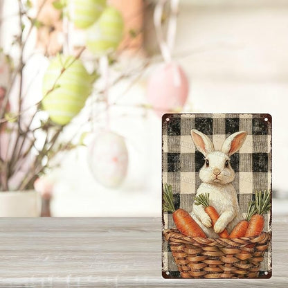 Charming Easter Bunny Metal Sign Vintage Checkered Basket Carrot Design Rustic Country Wall Art For Living Room Kitchen Office Spring Decor 8x12Inch