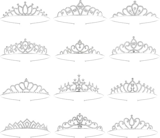 12 Pcs Tiaras for Women, Glitter Sparkly Rhinestone Crowns for Women Silver Metal Princess Crown Tiaras Bulk Suitable Birthday, Wedding, Dance, Pageant, Halloween, Christmas (12 Styles)