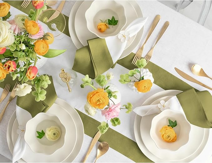 Solino Home Linen Table Runner 60 Inches - 100% Pure Linen Avocado and White Small Table Runner 14 x 60 Inch Ideal for Dresser and Coffee Tables - Fall, Autumn, Winter - Contempo