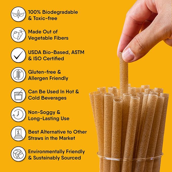 – 70 PCS of 9.80 Inches Unwrapped Biodegradable Jumbo Boba Straws – Made of Vegetable Fibers, Best Environment Friendly Drinking Straws for Hot and Cold Beverages