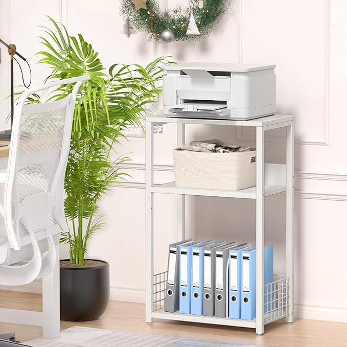 LELELINKY Large White Record Player Stand, 3 Tier 18" Wide Big End Table with Vinyl Storage Up to 130 Albums, Industrial Turntable Printer Tables, Modern Side Tables for Living Room, Bedroom, Office