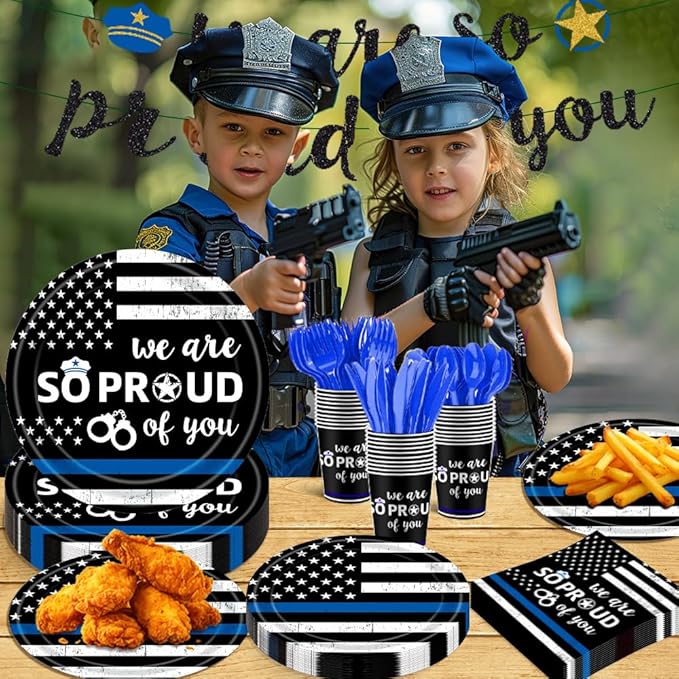 142Pcs Police Academy Graduate Party Supplies We Are So Proud Of You Police Theme Plates and Napkins Congrats Officer Party Decorations for Police Retirement Grad Graduation Promotion Party Serves 24