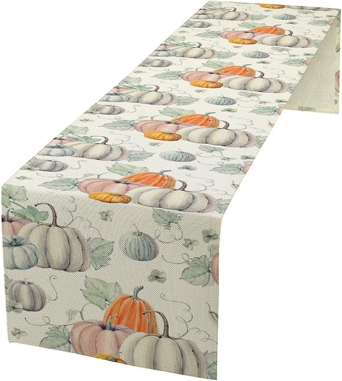 Fall Pumpkin Table Runner Vintage Leaves Plant Motifs Thanksgiving Theme Watercolor Illustration Home Decor for Farmhouse Indoor Outdoor Party Holiday Dining Kitchen Restaurant Cafe W13xL90in