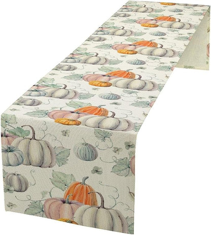 Fall Pumpkin Table Runner Vintage Leaves Plant Motifs Thanksgiving Theme Watercolor Illustration Home Decor for Farmhouse Indoor Outdoor Party Holiday Dining Kitchen Restaurant Cafe W13xL120in