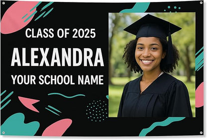 Custom Graduation Banner Class of 2025 with Photo and Name – Personalized Congrats Sign for High School or College Seniors – Indoor Outdoor Graduation Party Decoration