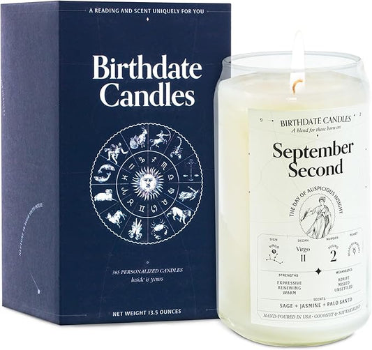The Original Birthdate Candles, September 2 - Virgo Zodiac Scented Candles Birthday Gift - Sage, Jasmine & Palo Santo Scent - All-Natural Soy & Coconut Wax, 60-80 Hour Burn Time - Made in USA