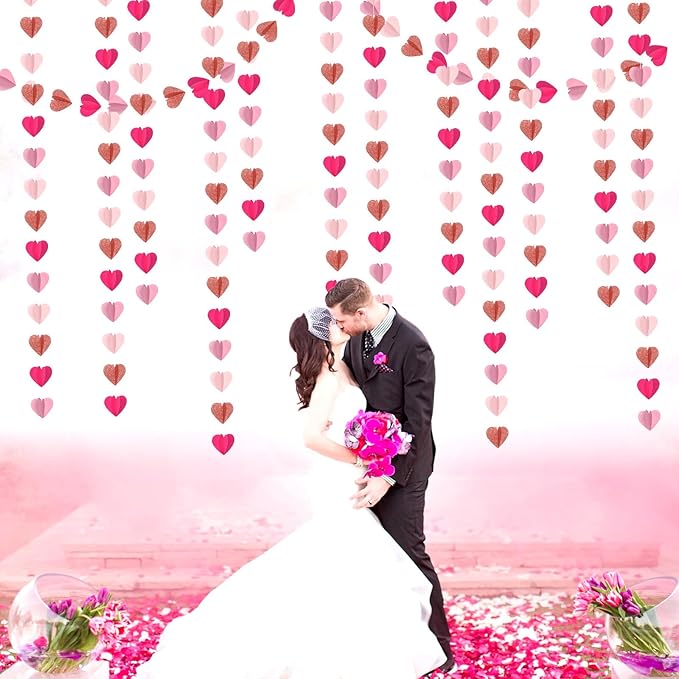 Rose-Gold Hot-Pink Party-Decorations Heart Garland - 39Ft 3D Wedding Bridal Shower Hanging Paper Streamers Banner,Baby Girl Birthday Bachelorette Engagement Mohters Brunch Decor Ouruola
