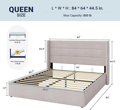 Allewie Queen Size Lift Up Storage Bed, Modern Wingback Headboard, Hydraulic Support, No Box Spring Needed, Light Beige
