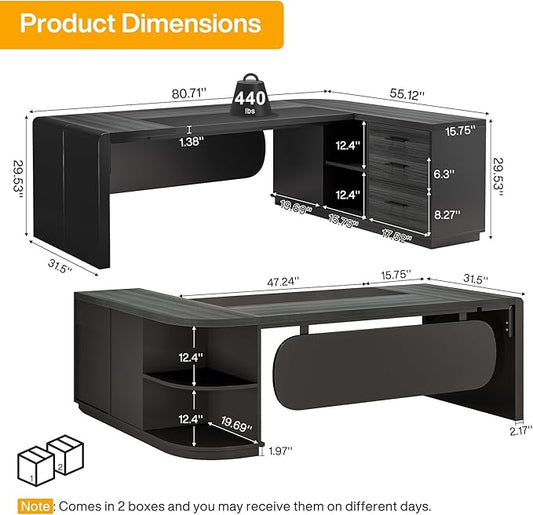 Tribesigns 80'' L-Shaped Desk, Large Executive Office Desk with 55'' Drawers Cabinet, Modern Commercial Office Table with Storage Shelves, Business Furniture for Home Office, Grey & Black