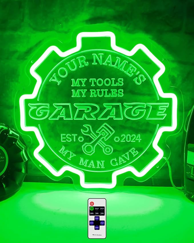 Custom Garage Neon sign for Wall Decor with Timing Remote, Personalized Gear Garage LED Neon Light for Man Cave, Home Bar, Workshop, Son Dad Birthday Gift GREEN