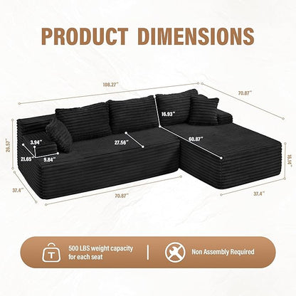 Hobestluk Modular Sectional Sofa Couches L-Shape Couch 3 Seat Modular Sofa Memory Foam Sectional Couches for Living Room, Cloud Couch with Oversized Chaise (Right Facing)