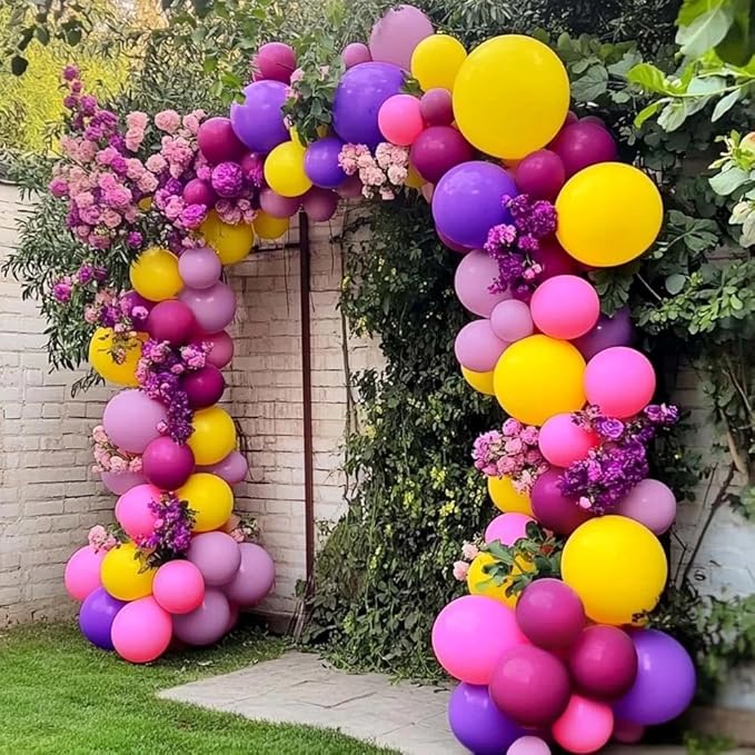 Pink Yellow Balloon Arch - Double Stuffed Hot Pink Purple Balloons Different Size Latex Magenta Balloon Garland for Happy Birthday Baby Shower Wedding Fall Mexican Party Decorations
