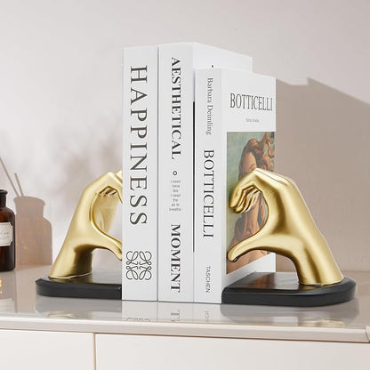 Gold Bookends, Heavy Duty Bookend Holder Decor, Golden Finger Heart Shaped, Modern Art Sculpture, Finger Home Decoration, Bookends Decorative, Boho Decor for Desktop Bedroom Study Room