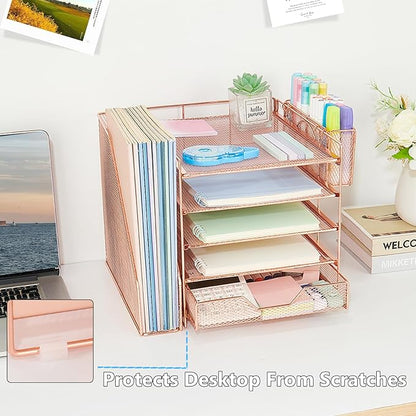 Desk Organizer, 5-Tier Paper Letter Tray Organizer with File Holder, Drawer and Pen Holder, Desktop Organizer for Office Supplies, Rose Gold