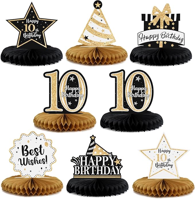 Happy 10th Birthday Decorations,10th Birthday Gold Glitter Shiny Stand Honeycomb Table Centerpieces - Cheers to Ten Years Old Birthday Party Photoprop Gift Sign.