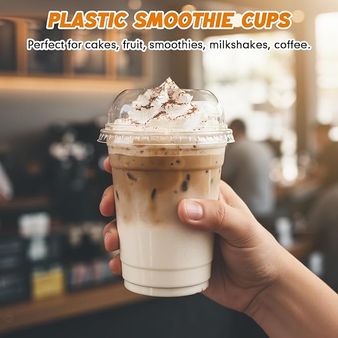 50 Set Clear Plastic Cups with Wide Dome Lids Dessert Cups with Large Hole Dome Lids Disposable Party Drink Mugs for Smoothies Iced Coffee Bubble Tea Slushies Parfaits, and More (12oz)