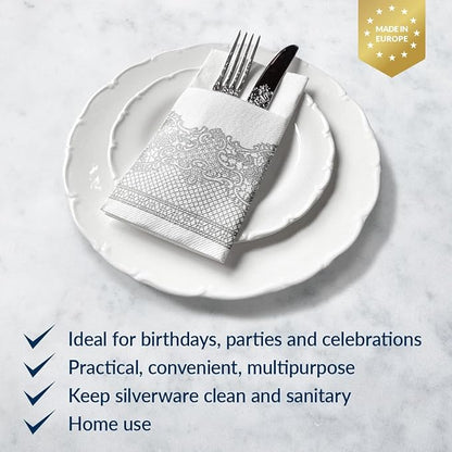 PAW - Linen Feel Napkins with Built-in Flatware Pocket, Soft and Absorbent Paper Pre-Folded Napkins with Silver Lace, Elegant Guest Towels, Wedding Party, Dinner, Birthday, Gatherings, 50 Count