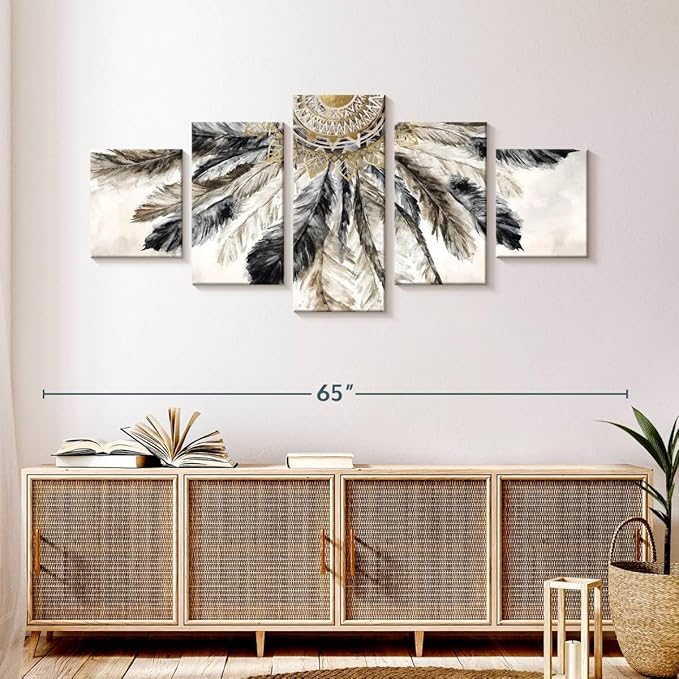 ElephantStock - Necklace Of Feathers Iii Wall Art - Horizontal Multi Panel Canvas - 5 Piece Living Room Wall Decor - Painting Multi Piece Wall Art - Brown And Gray Decor by Eva Watts - 55" x 24"