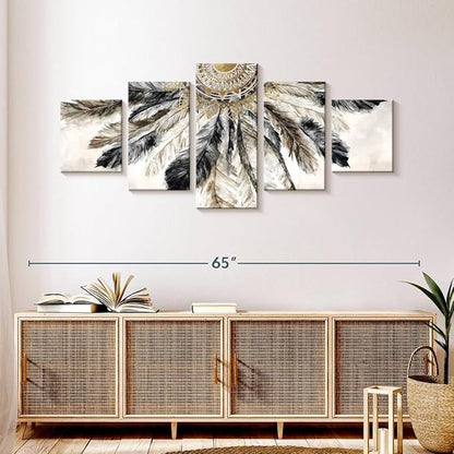 ElephantStock - Necklace Of Feathers Iii Wall Art - Horizontal Multi Panel Canvas - 5 Piece Living Room Wall Decor - Painting Multi Piece Wall Art - Brown And Gray Decor by Eva Watts - 55" x 24"