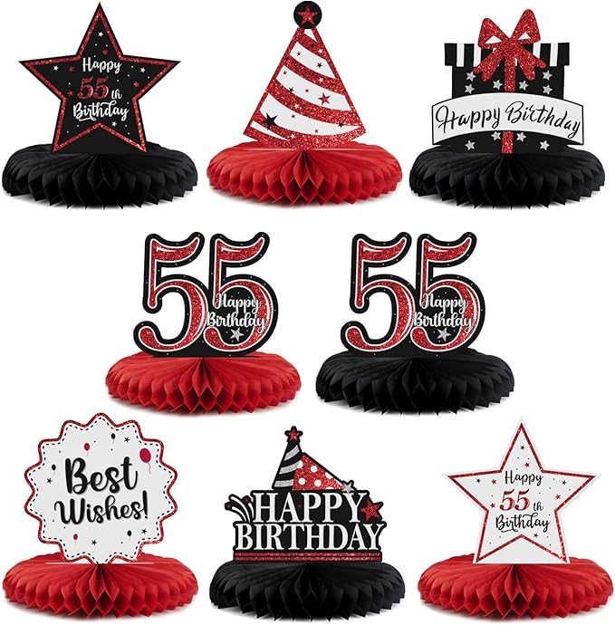Happy 55th Birthday Decorations,55th Bday Red Glitter Shiny Stand Honeycomb Table Centerpieces - Cheers to 55 Years Old Birthday Party Photoprop Gift Sign.