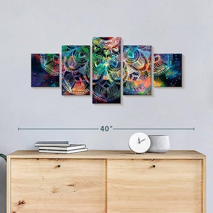 ElephantStock - Celestial Mandala Wall Art - Horizontal Multi Panel Canvas - 5 Piece Living Room Wall Decor - Digital Art Elements Multi Piece Wall Art - Turquoise And Blue Decor - 36" x 15"