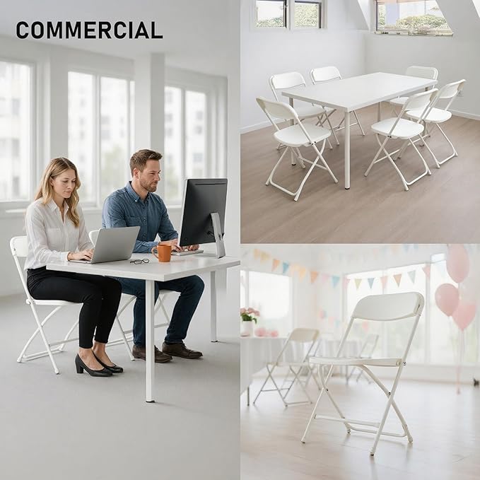 SEALAMB Plastic Folding Chairs 10 Pack, White Commercial Portable Indoor/Outdoor Chairs for Home Office, Wedding, Events Parties with Steel Frame, 350lbs Capacity (White-Plastic, 10 Pack)