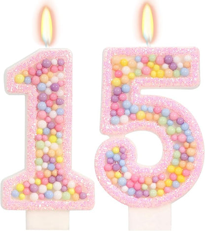 Birthday Candles - Number 15 Candle, Colorful Macaron Candles, 15 Birthday Decorations for Girls, Sweet Cake Decorations, Sweet Theme Party Supplies (Pink)