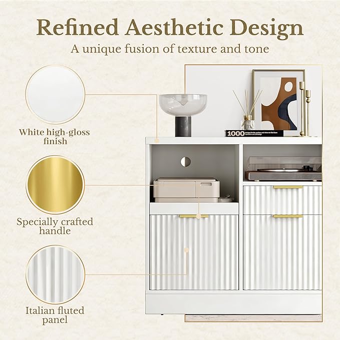 3 Drawer File Cabinet, Fluted Wood Lateral Filing Cabinet with Charging Station for Home Office, Fits for A4/Letter-Sized Files, Printer Stand with Open Storage Shelves, White