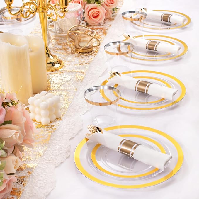 Liacere 350PCS Clear Gold Plastic Plates for 50 Guests Dinnerware Include 100 disposable Plates 150 Gold Silverware 50Napkins for Party & Wedding & New Year & Christmas