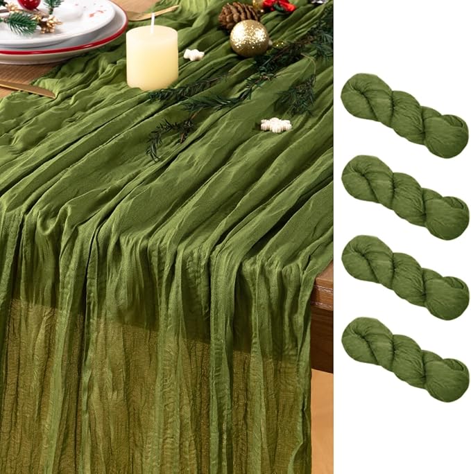 Olive Green Cheesecloth Table Runner 4 Pack Christmas Table Runners Boho Gauze 120 Inches Green Cheese Cloth Table Decora for Xmas Holiday Season Parties Wedding Bridal Baby Shower Tea Party