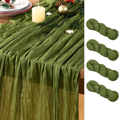 Olive Green Cheesecloth Table Runner 4 Pack Christmas Table Runners Boho Gauze 120 Inches Green Cheese Cloth Table Decora for Xmas Holiday Season Parties Wedding Bridal Baby Shower Tea Party