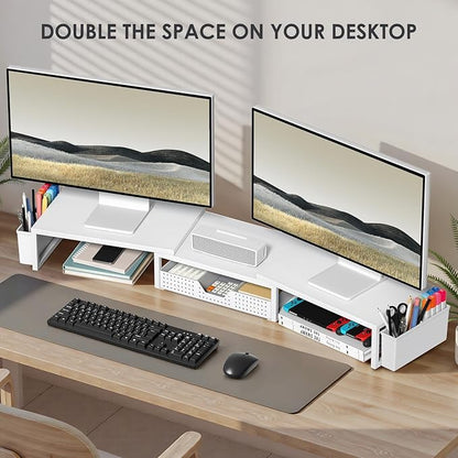 OPNICE Desk Organizers and Accessories, Dual Monitor Stand Riser with Drawer and 2 Pen Holders, Desk Shelf Metal Computer Racks for Office Workspace Organizers, Desktop Organization (White Metal)