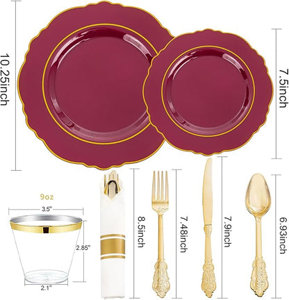 Liacere 350PCS Red Plastic Plates-Disposable Burgundy Red and Gold Plates 50guest Baroque Plastic Dinnerware include 100Plates, 50Pack Pre Rolled Napkins with Silverware 50Cups for Christmas