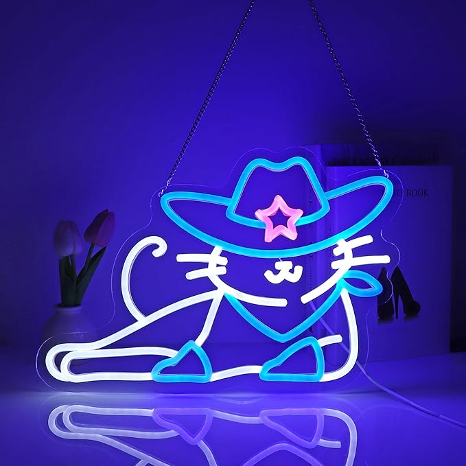 Cowboy Cat Neon Sign, Neon Signs for Wall Decor Neon LED Signs Room Neon Light Up Signs Home Decor for Bedroom Club Party Bar Shop USB Operated