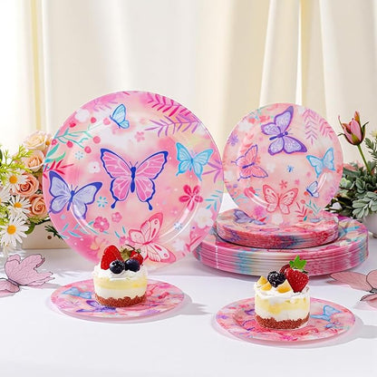 WELLIFE 20PCS Butterfly Birthday Plates – Plastic Dinner & Dessert Plates (10×9.2" + 10×6.3") for Girls Party, Kids Birthday, Magical Butterfly Party Supplies
