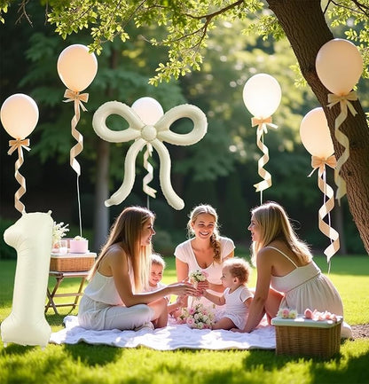 6 Pcs Beige Bow Balloons Cream White Bow Decorations for Girls Women Bow Themed Birthday Party Supplies for Baby Shower, Gender Reveal, Wedding, Bachelorette, One Silly Goose Event Decor