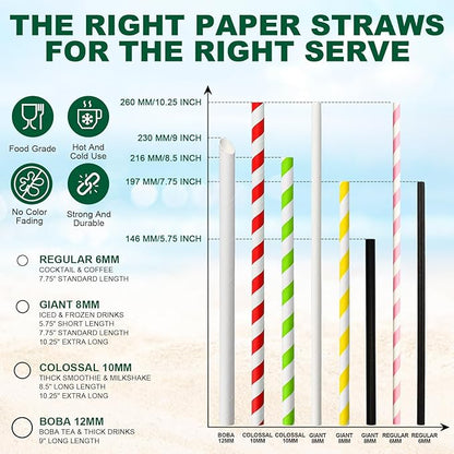 5.75 inch 8mm Wide Short Black Paper Drinking Straws Disposable for Lowball Glasses, Blended Cocktails, Margaritas, Bars, Restaurants - Unwrapped [250 Counts]