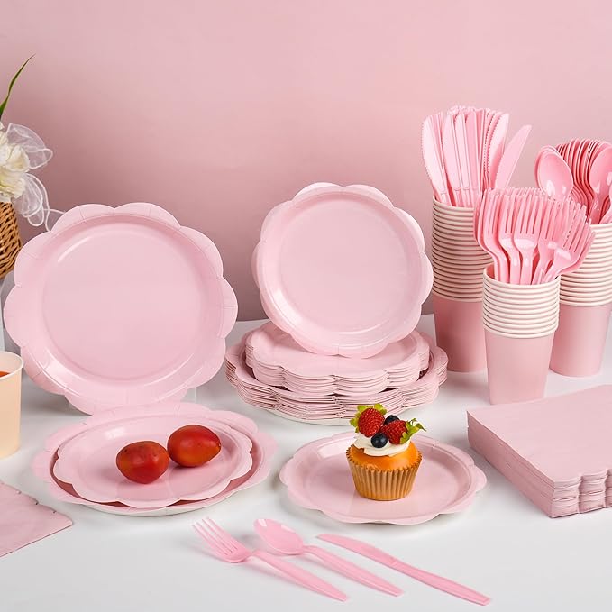 400 Pcs Pink Paper Plates and Napkins Set Party Supplies, Tableware set for 50 Guest include Disposable Pink Scalloped Plates Napkins Knives Forks Spoons Cups for Baby Shower Bridal Shower Wedding