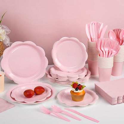 400 Pcs Pink Paper Plates and Napkins Set Party Supplies, Tableware set for 50 Guest include Disposable Pink Scalloped Plates Napkins Knives Forks Spoons Cups for Baby Shower Bridal Shower Wedding