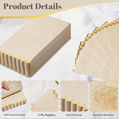 50 Beige Paper Napkins Decorative, Gold Foil Scalloped Edged Guest Napkins Disposable, Dinner Napkins for Wedding, Shower Baby, Birthday Parties Supplies(4 x 8 In, Beige)