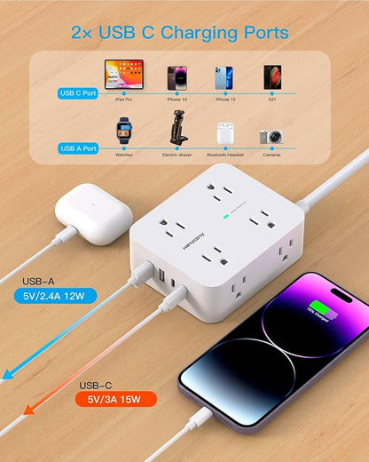 Power Strips with Surge Protection - HANYCONY 8 Widely Outlets with 4 USB Ports (2 USB C), 3-Side Outlet Extender Strip, 5 Ft Extension Cord, Ideal for Home Office College Dorm Room Essentials