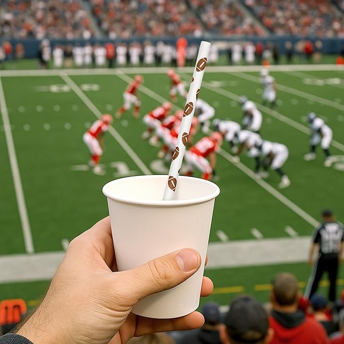 Football Straws - Pack of 100 Paper Disposable Straws, 7.75 Inches Long Fantasy Football Party Decorations - Party On Tap