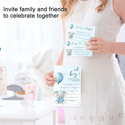Blue Elephant Baby Shower Invitations for Boy, Boy Baby Shower Invites with Envelopes, Set of 25 Gender Reveal Invites Cards with Envelopes & Book Request Cards & Diaper Raffle Tickets -08
