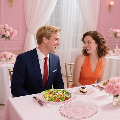 SUT 100Pcs Pink Plastic Plates, Hammered Plates Disposable Heavy Duty, Pink Disposable Plates With Gold Rim, Fancy Plastic plates Include 50 Dinner and 50 Dessert plates for Wedding