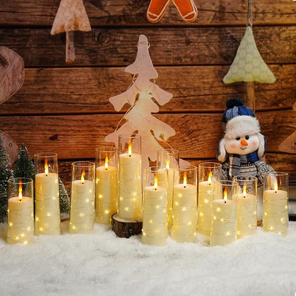 Flameless Candles with Embedded Star String - Battery Operated LED Candles, with Remote,12 Ivory Flickering Candles for Christmas, Weddings, Home Decor & Party,(D 2.3"×H 5" 6" 7")