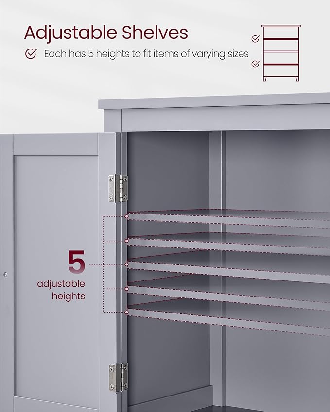 VASAGLE Floor Storage Cabinet, Freestanding Storage Unit with 4 Doors, Adjustable Shelves, 11.8 x 23.6 x 43.3 Inches, for Entryway, Bathroom, Dove Gray UBBC552P36V1