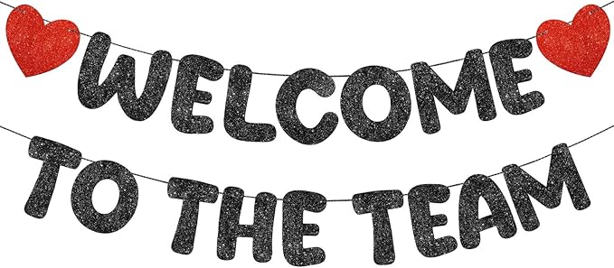 Fulmoon Pre Strung Welcome to The Team Banner with Two Heart Signs, NO DIY, Glitter Welcome Party Supplies for New Employee, Coworker, Colleague, Staff, Team Member Office Decorations(Black)